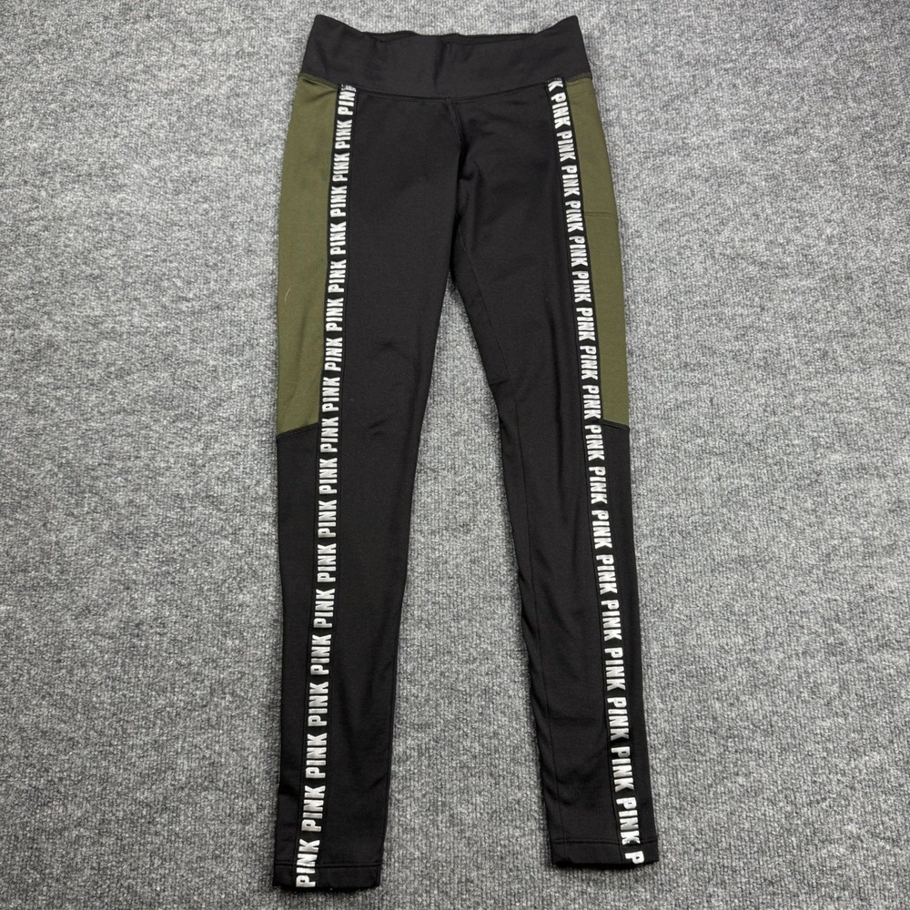 PINK Victoria Secret Leggings Womens XS Black Olive Green Cozy Logo Pocket